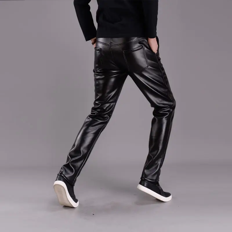 Leather Pants Mens Skinny Pants Elastic Spring Autumn Fall Fleece Thickened Youth Man Leather Motorcycle Pants Male Pencil Pants