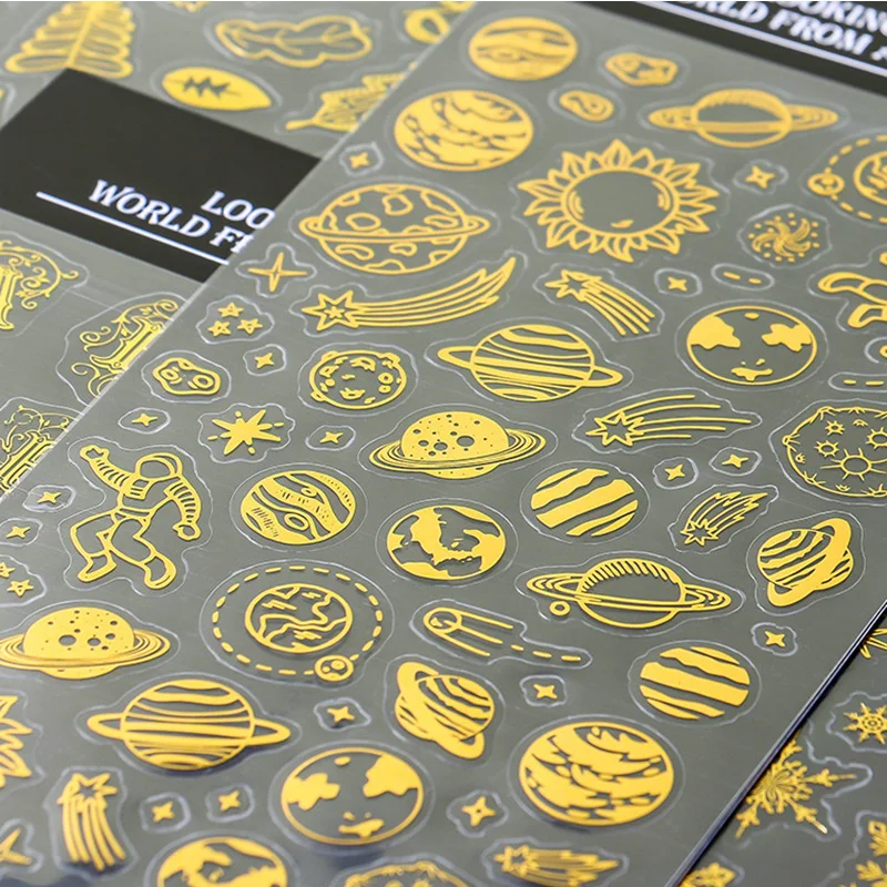 Pegatinas decorativas de planeta dorado para diario, pegatinas de espacio universal para foto de teléfono, bricolaje, papelería para álbumes de recortes, suministros escolares