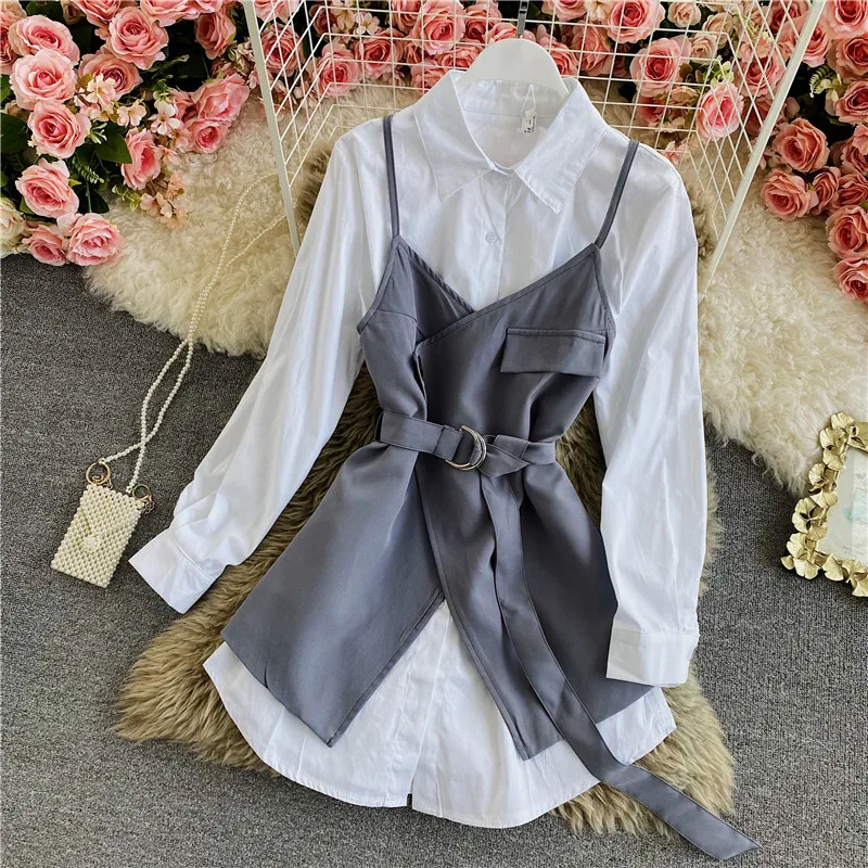 

Elegant Two Piece Set For Women Turn-down Collar Sleeve Shirt Long sleeve Sling dress Casual Sets Female 2021 spring