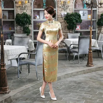 

Vintage Dragon& Phoenix Long Chinese Dress Sexy Women Cheongsam Mandarin Collar Classic Vestidos Elegant Short Sleeve Qipao