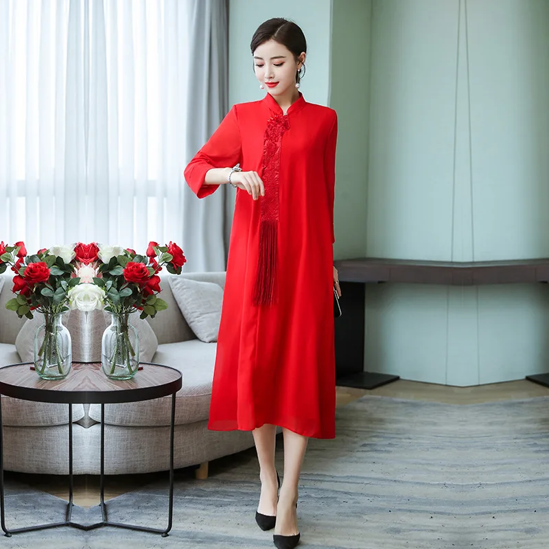 

2019 Spring New Style Retro Large Size Dress Fat Mm 200 Chinese-style Embroidered liu xu Three-quarter-length Sleeve Dress