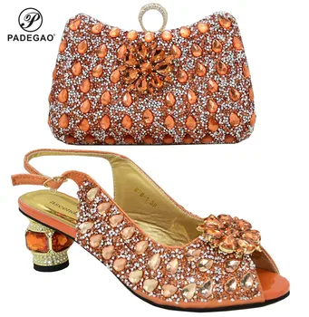 

African Fashion Red with Orange Color Shoes And Bag Set Italian Style High Heels Slippers And Purse with For Evening Party