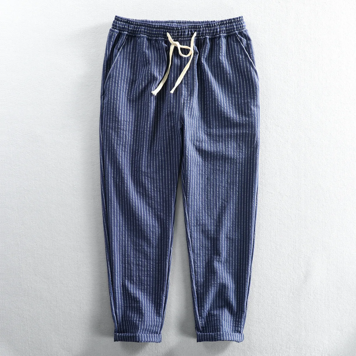 

Wuji Men Spring New Fashion Elastic Waist Striped Simple Casual Japan Style Ankle Length Cotton Pants Tapered Classical Trousers