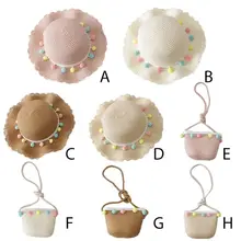 Для маленьких девочек, Большие широкие поля, из соломы тканые защита от солнечных лучей для пляжа шляпа красочные помпон Лето дискеты Кепка с покрывалом Портативный Сумки из натуральной кожи