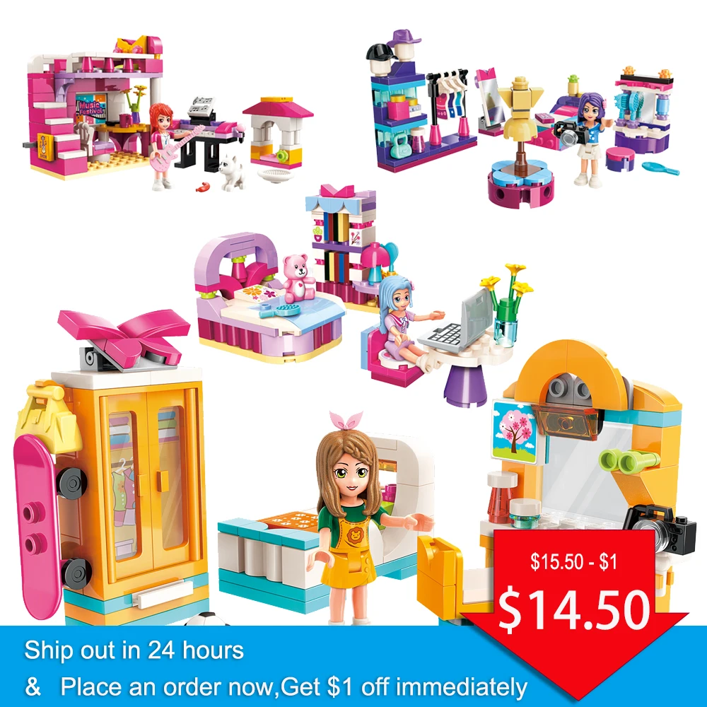 

Fit Friends Series Cherry's Room 4 Scenes in 1 Set Figures Dressing Educational Building Blocks Toy for Girls Play House Gifts