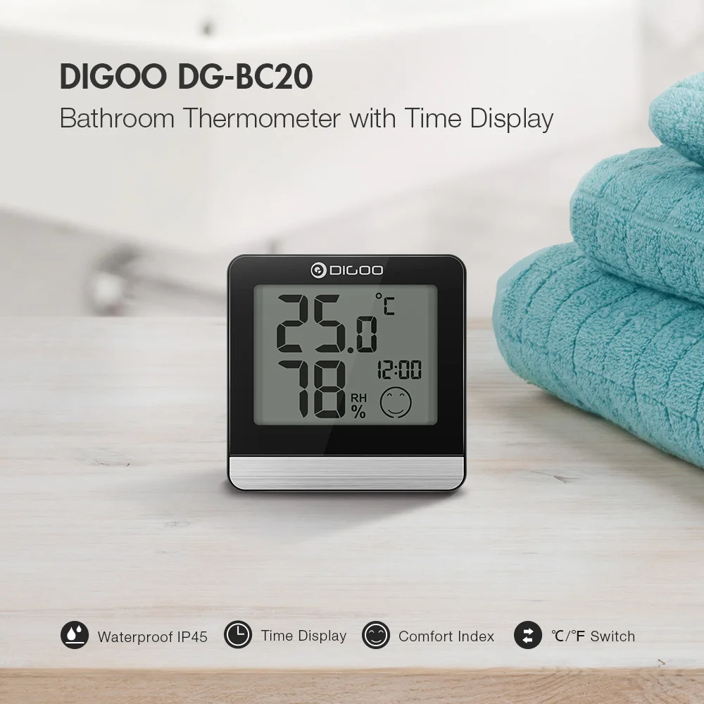 Digoo DG-BC20 ванная комната ЖК-цифровой термометр с дисплеем времени IP45 водонепроницаемый датчик температуры влажности гигрометр монитор