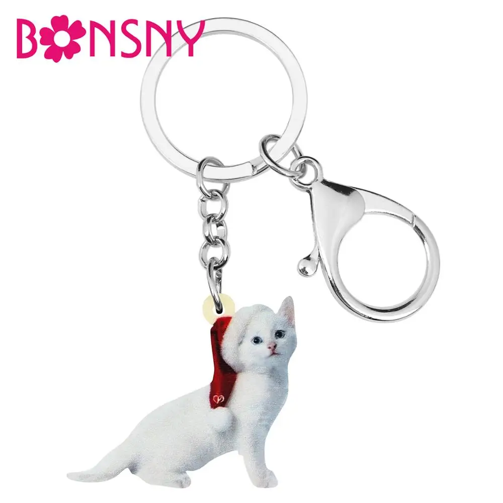 Bonsny Acrylic Christmas Hat White Scottish Fold Cats Key chains Ring Bag Car Purse Decoration Keychain For Women Girls Gift | Украшения и