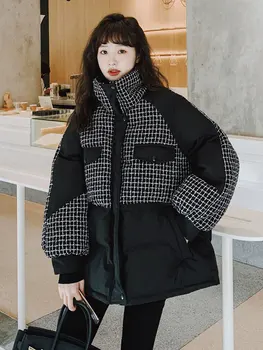 

Women's cotton padded jacket women's short 2020 new Korean loose cotton padded jacket Plaid stitching medium and long down