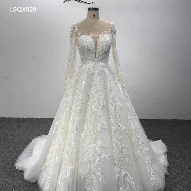 LSQX028 2021 princesse luxury wedding dress long sleeve v neck plus size a line wedding dress vestido de novia para boda civil 1