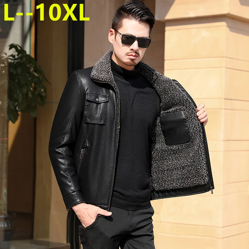 Плюс 10XL 8XL 6XL мужская кожаная куртка осень зима теплая меховая подкладка с