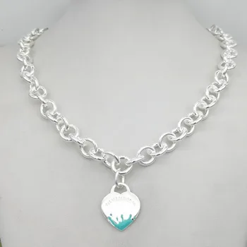 

1: 1 sterling silver 925 classic fashion exclusive blue enamel water flower heart pendant necklace jewelry holiday gift