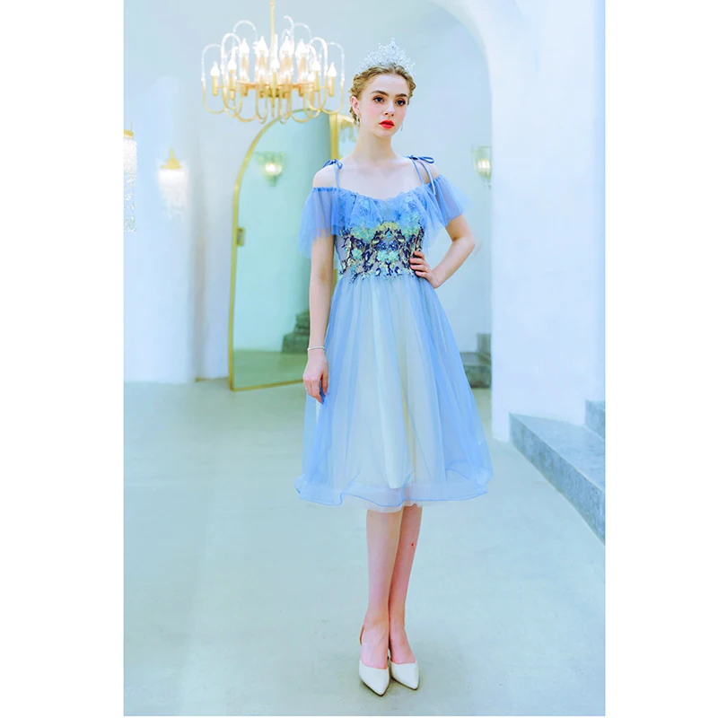 SSYfashion, Синее Короткое вечернее платье с вырезом лодочкой, с открытыми плечами, на шнуровке сзади, милые вечерние платья, вечерние платья