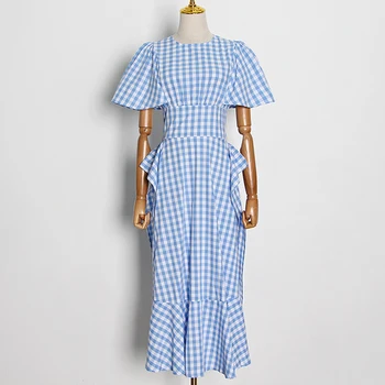 

HIGH QUALITY New 2020 Fashion Designer Runway Dress Women's O-Neck short Sleeve Ruffles Plaid Dress