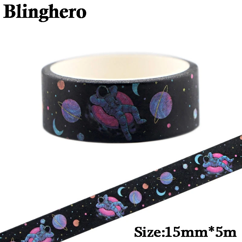 Cinta adhesiva de astronauta del cielo estrellado CA330, 15mm X 5m, cinta de papelería para niños, washi space, calcomanías DIY, cintas de enmascarar planetas