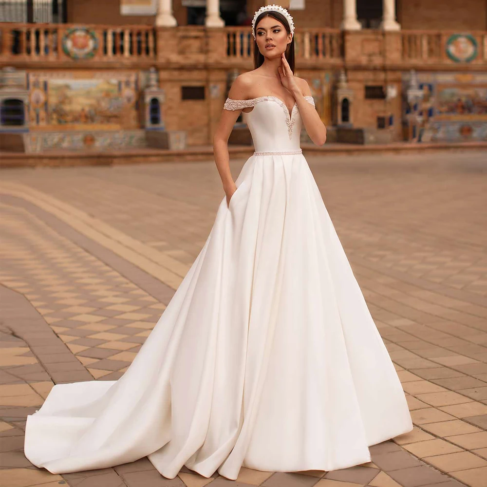 

Charming Off-the-shoulder Satin Wedding Dress with Pearls High Quality Vestido de Novia Sweep Train A-line Bridal Gown