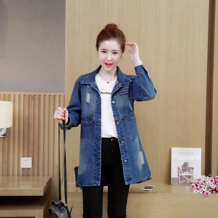 Korean-style Large Size Dress Spring And Autumn Mid-length Jeans Coat with Holes Embroider Jacket Slim Fit Trench Coat Wome