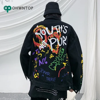 

Mens Graffiti letter Print Graffiti Jeans Jacket Harajuku Washed Retro Denim Jacket for Men Streetwear Windbreaker Bomber Jacket