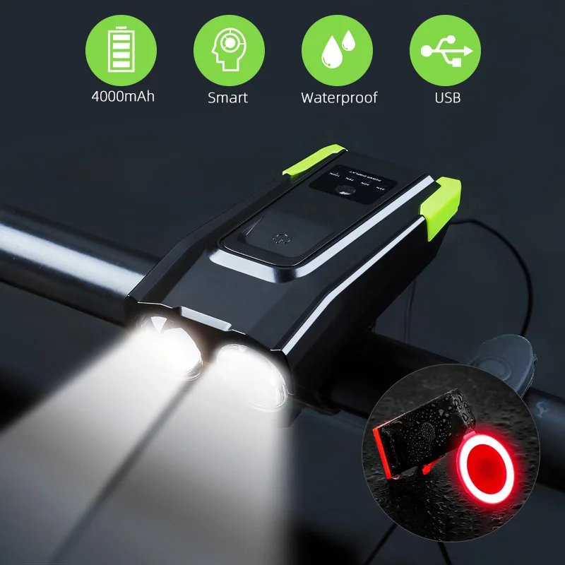 

4000mAh Induction Bike Front Light Set USB Rechargeable Smart Headlight With Horn 800 Lumen LED Bicycle Lamp Cycle FlashLight