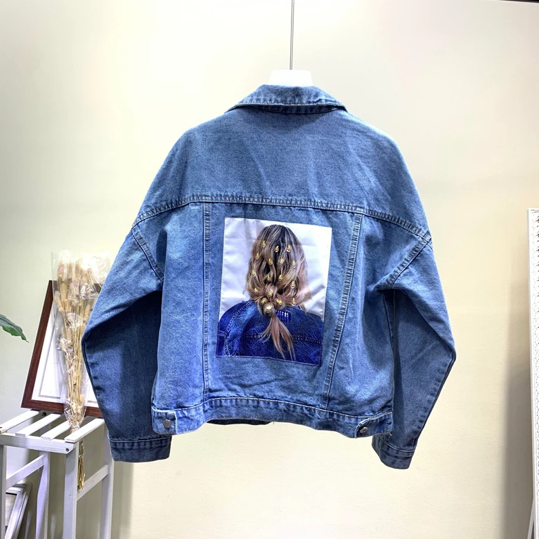 

2019 autumn denim jacket female fashion beauty women printed sequin casual jacket women jean coat 1996