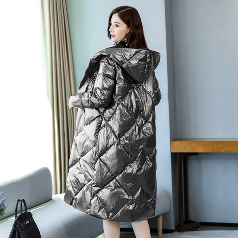 Ретро глянцевое теплое пуховое женское хлопковое пальто зима Новое Женское пальто Высокое качество с капюшоном женские парки верхняя одежда KO433 - Color: Silver grey
