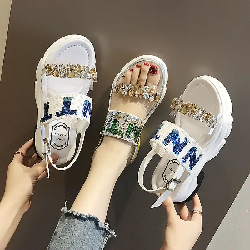 

2019 Summer New Sequins Rhinestone Platform Sandals High Heeled Thick Bottom Open Toes Buckle Summer Shoes White Silver