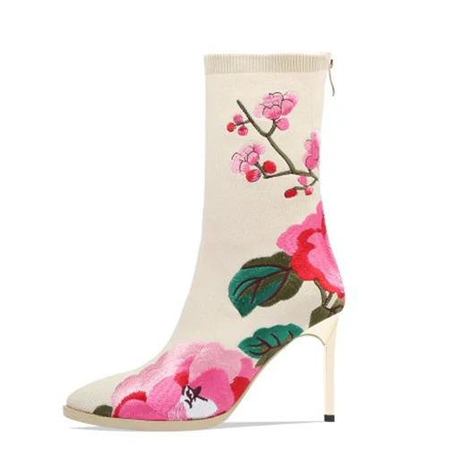 Бежевый embroidered pointed toe elastic slip on embroidery shoes beige brand stiletto sock flower black metal heel boots knit high women - Цвет: Бежевый