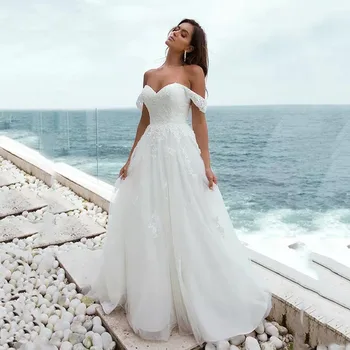 

Eightree A-line Wedding Gown Off the Shoulder Lace Sleeves Beach Wedding Dress robe de soiree Lace Up Appliques Bride Gowns