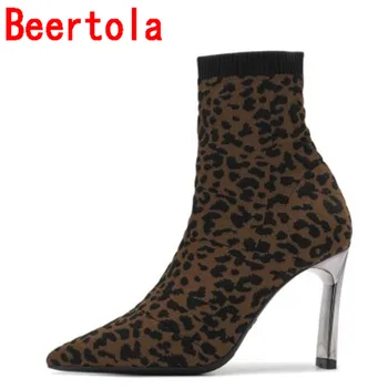 

Leopard Print Boots Stretch Fabric Leather Women's Boots Slip-On Poined Toe Fashion Boots Women High Heel Style Bottes Femme