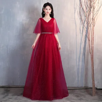 

Glitter red Long evening prom dresses 2020 New V neck Tulle Lace up Back Formal evening party gowns Real Video