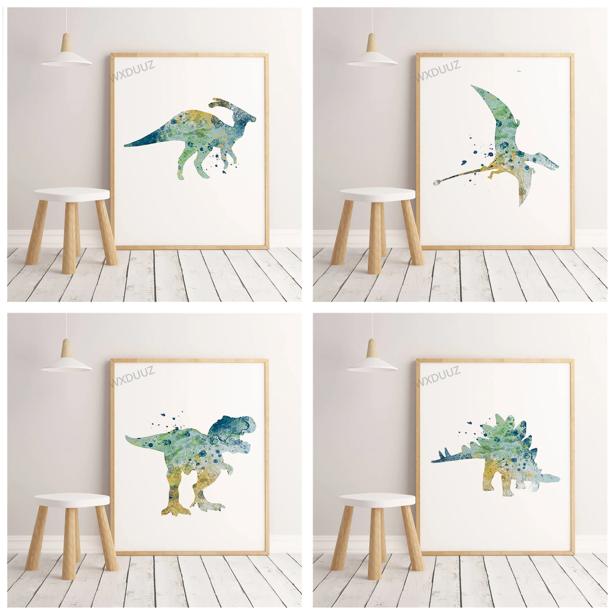 

Watercolor Nordic Style Decorative Cartoon Animal Poster Dinosaur Children's Room Home Art Deco Picture canvas painting K334