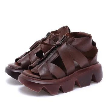 

CEVABULE 2020 Women's Genuine Leather Shoes Front Zipper Summer New Style Sandals Leather Casual Shoes ZB-6356-1