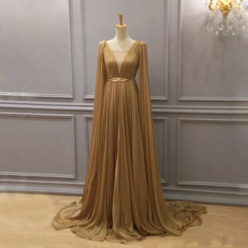 

2020 Cheap Gold Chiffon Arabic Evening Formal Dresses Evening Gowns Dubai A Line Chiffon Pleated Prom Dress robe de soriee