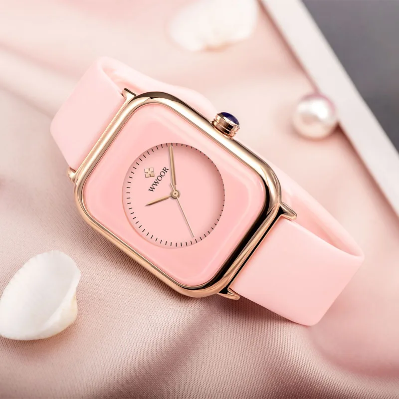 WWOOR Watch For Women Fashion Pink Square Waterproof Quarzt Wristwatch Top Brand Luxury Stainless Steel Ladies Dress Watch Gift