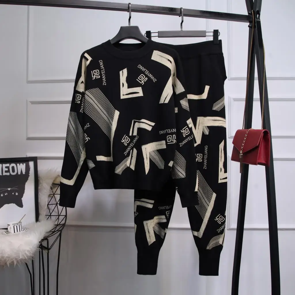 

2021 autumn new women's suit fashion letter loose knit sweater and harem pants two-piece sets
