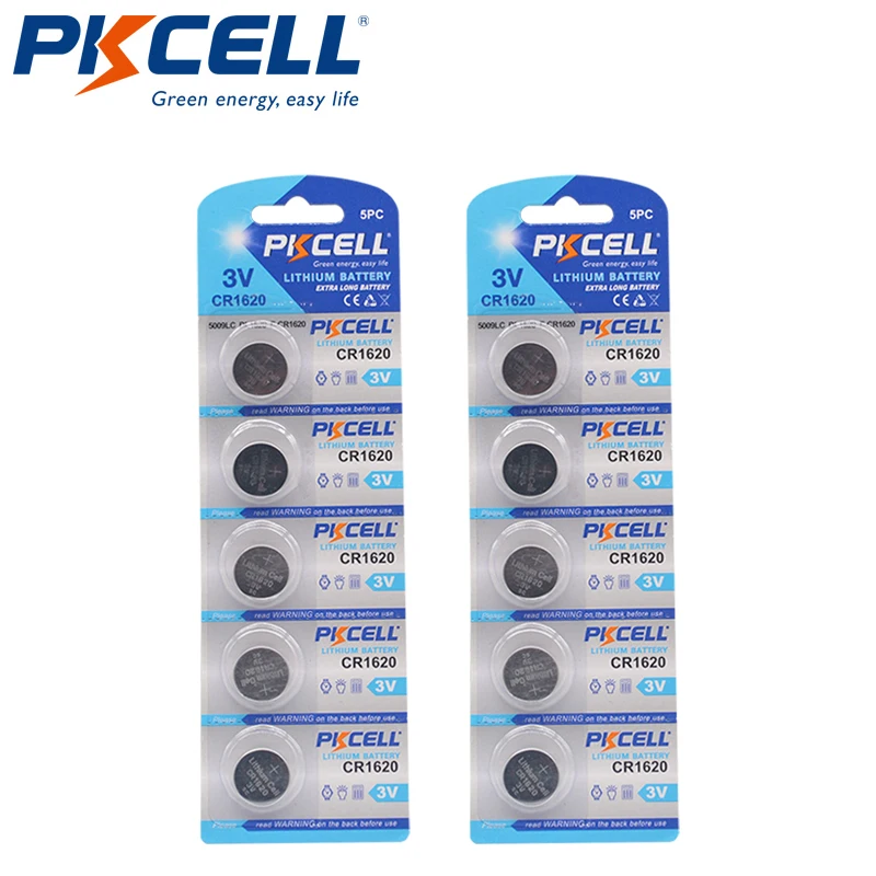 PKCELL CR1620 3 Volt Lithium Battery 5-Pack, Long Lasting