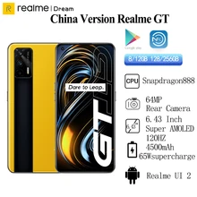 Original Realme GT 5G Mobile Phone 8GB 128GB 6.43"120Hz SuperAMOLED Snapdragon 888 Octa Core 65W Fast Charger NFC Android 11