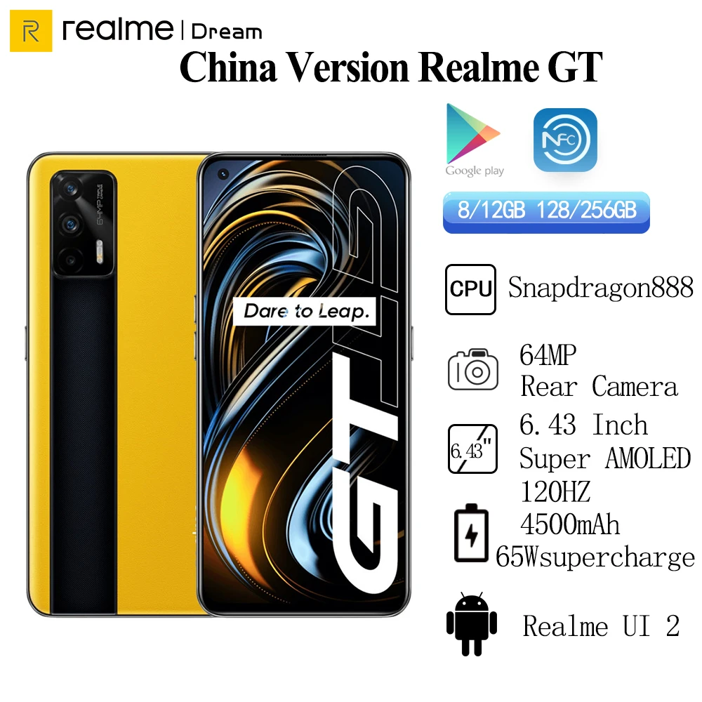 Original Realme GT 5G Mobile Phone 8GB 128GB 6.43"120Hz SuperAMOLED Snapdragon 888 Octa Core 65W Fast Charger NFC Android 11 latest model of realme