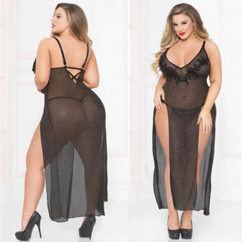 

Plus Size Contrast Lace Spaghetti Strap Night Dresses Women Nightwear 2019 Autumn Solid Scallop Hem Sexy Cami Sleepwear hollow