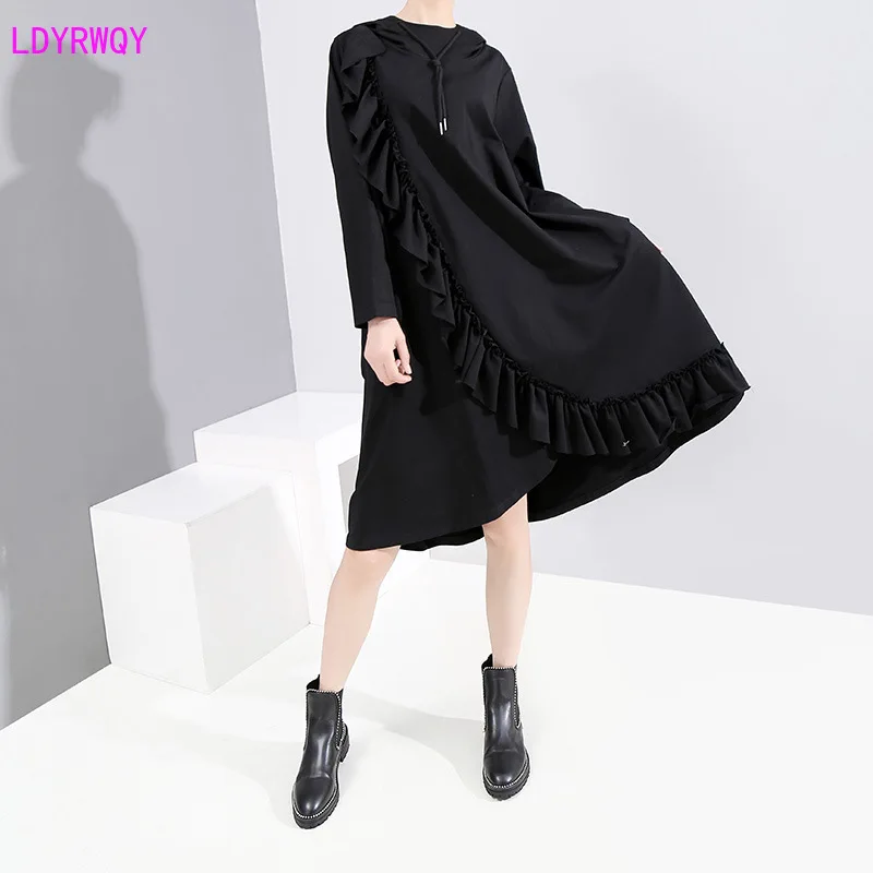 

2019 autumn and winter Europe and the United States new loose large size women's hooded long-sleeved stitching ruffled dress