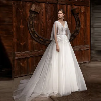 

Sexy V-Neck Lace Appliques A-Line Wedding Dresses Sleeveless Tulle Skirt Custom Bridal Gowns Formal Beach Boho