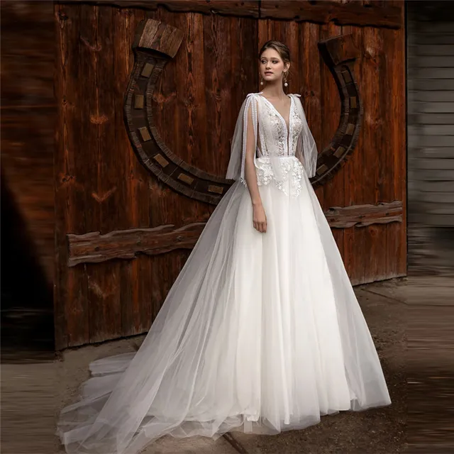 $US $140.00 Sexy V-Neck Lace Appliques A-Line Wedding Dresses Sleeveless Tulle Skirt Custom Bridal Gowns Formal Beach Boho