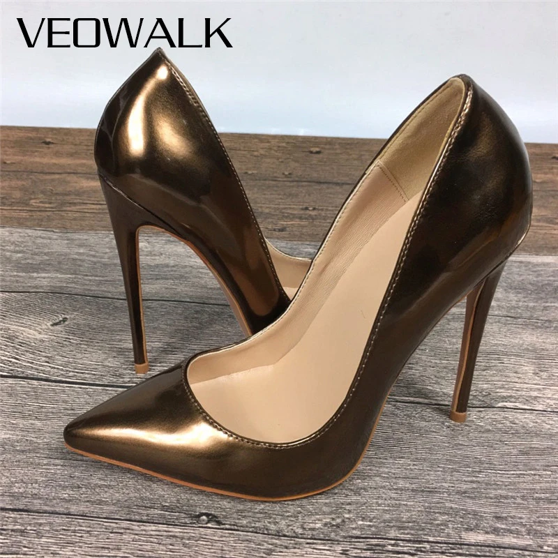Veowalk Women Solid Glossy Brown Patent Pointed Toe Stiletto Pumps