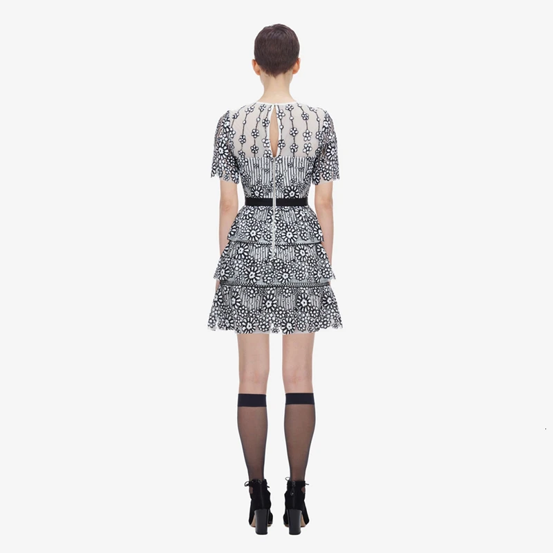 Self-Portrait Long Sleeve Floral Embroidery Mesh Mini Dress Women Autumn O-Neck High Waist Layer Ruffles Party Dresses