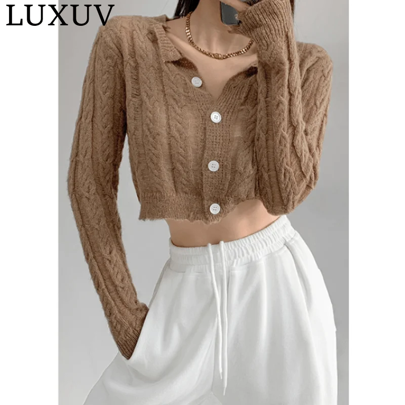 

LUXUV Women's Sweaters Knitted Coat Elastic Cardigan Crop Tops Preppy LIght Wool Blend Jersey Shirt Sweater With Throat Chic