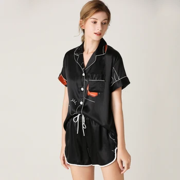 

Women Short Satin Pajamas Sets 2020 Sleepwear for Ladies Home Clothes 2PCS Pyjamas Short Leisure Wear Printed Pijamas Homewear