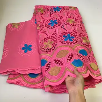

Latest design 5+2 yard African 100% cotton lace fabric High quality Swiss Voile lace in Switzerland Pink Nigerian lace fabric