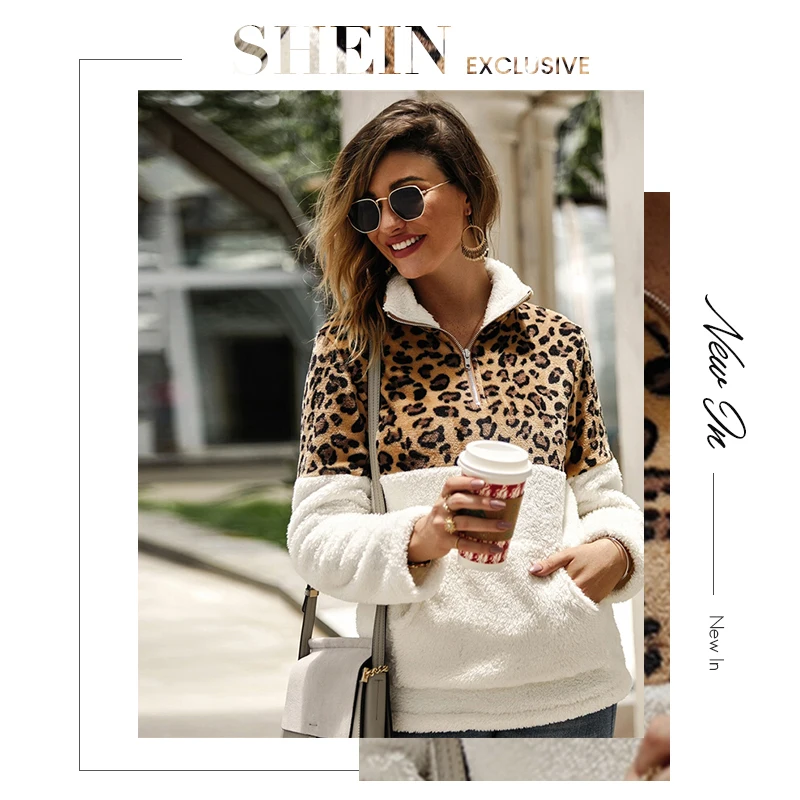 SHEIN фланелевый контрастный Леопардовый свитер на молнии с плюшевой подкладкой, пуловер для женщин на осень и зиму, повседневные толстовки с воротником-стойкой