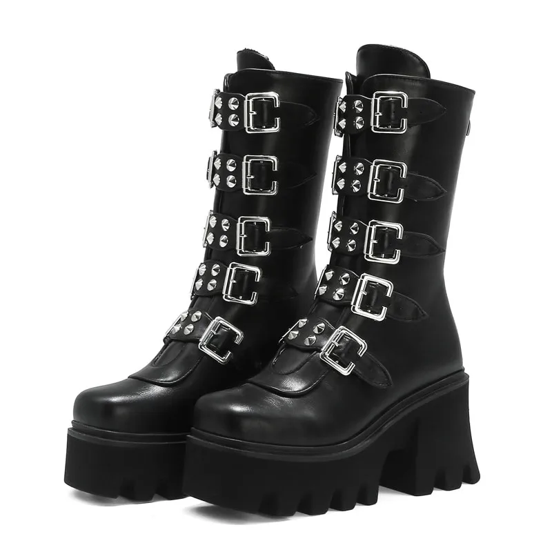 Botas de plataforma estilo gótico Punk para mujer, zapatos de media pantorrilla con cuña y cremallera, botas militares de combate, para invierno, con correa de Hebilla negra