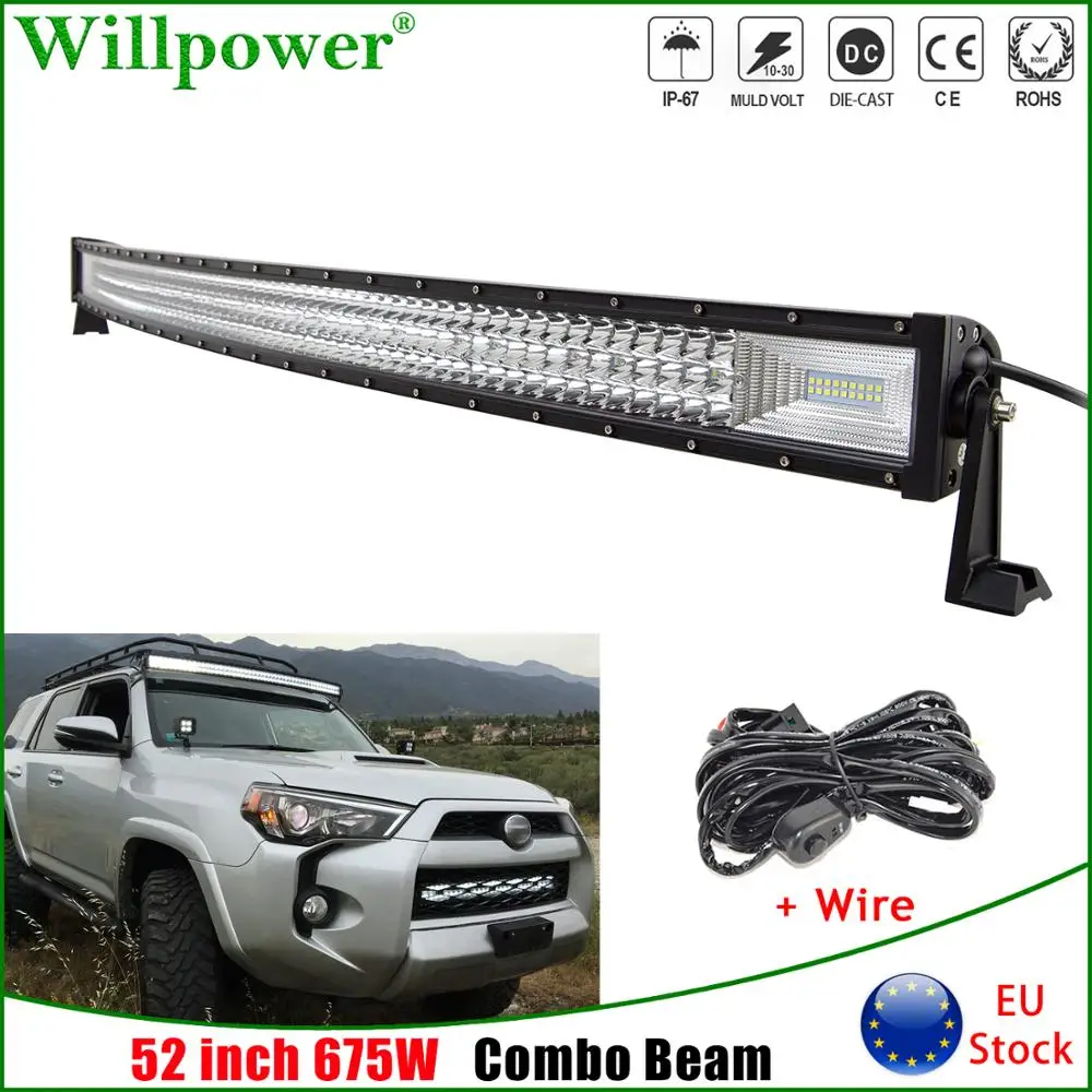 

Car Roof 7D 52" 675W Curved LED Work Light Bar For Jeep JK Truck 4x4 SUV Off Road 4WD Pickup Combo LED Bar DRL Fog Light + Wire