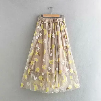 

New Women Fashion Fruit Embroidery Sequins Mesh Skirt Faldas Mujer Ladies Elastci Wasit Casual Chic Skirts